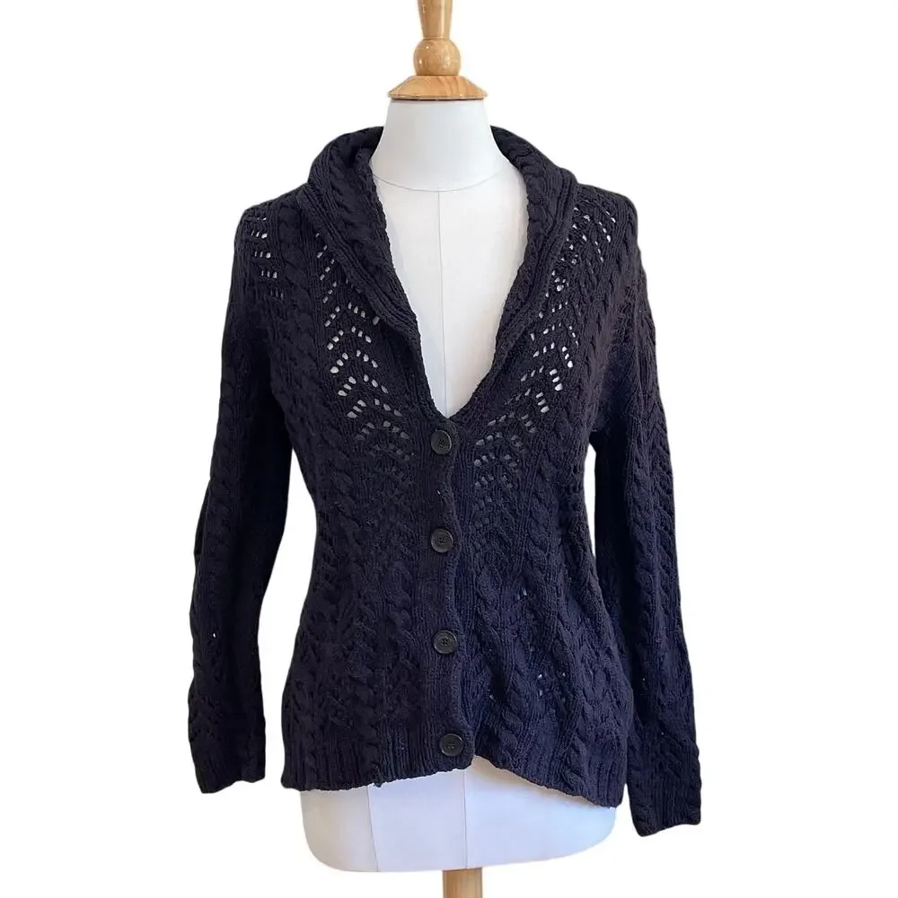 Lands' End Navy Blue Open Knit / Crochet Cardigan, Shawl Collar, V-Neck, Size LP